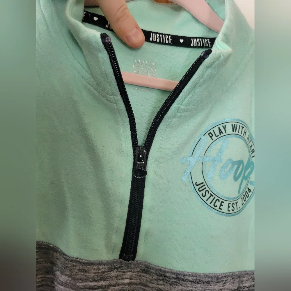 Justice Active Girls Mint Teal Gray Quarter-Zip Basketball Hoops Pullover Sweate